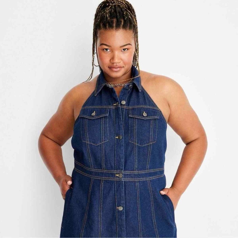 Denim Halter Backless Dress - Deep Blue